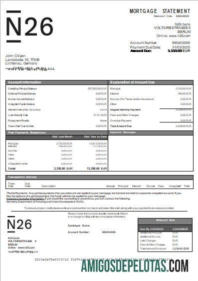 Declaração de hipoteca bancária N26 da Alemanha Scr amostra
